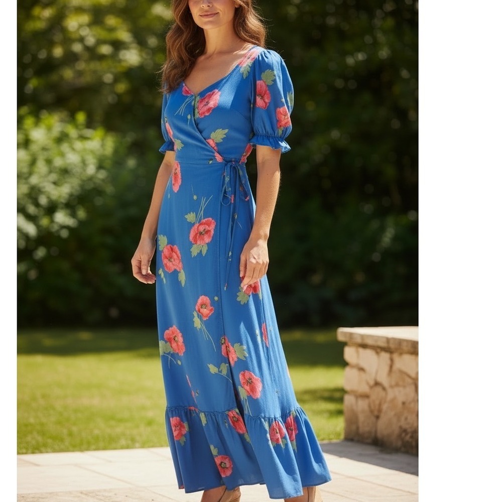 Flynn Skye Blue Floral Poppy Wrap Maxi Dress Puff Sleeve Small Made in USA